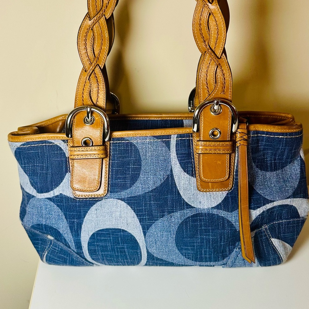 Coach 12195 Y2k Signature Tote Hand Bag Navy Brown Denim Leather